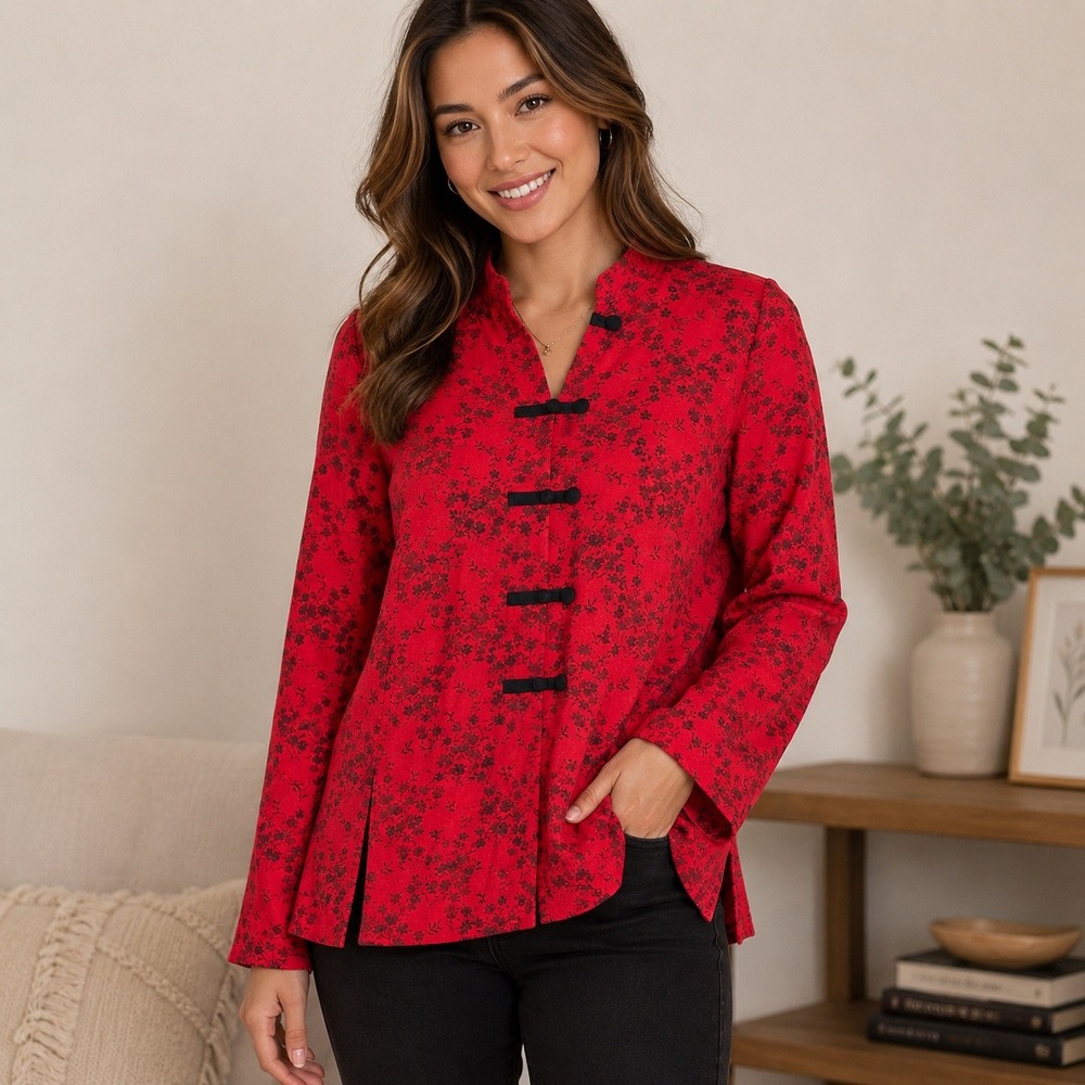 Vintage Dawn Joy II Womens Size 12P Petites Red Floral Mandarin Jacket Asian USA